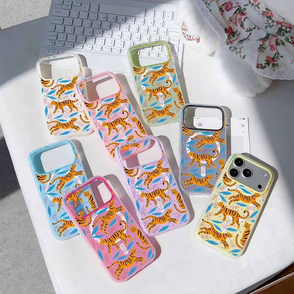 Custodia Magsafe 2 IN 1 di Lusso con Stampa Tigre e Colori Caramella per iPhone 16 15 14 13 17 Pro Max Plus, Cover Morbida Trasparente Opaca