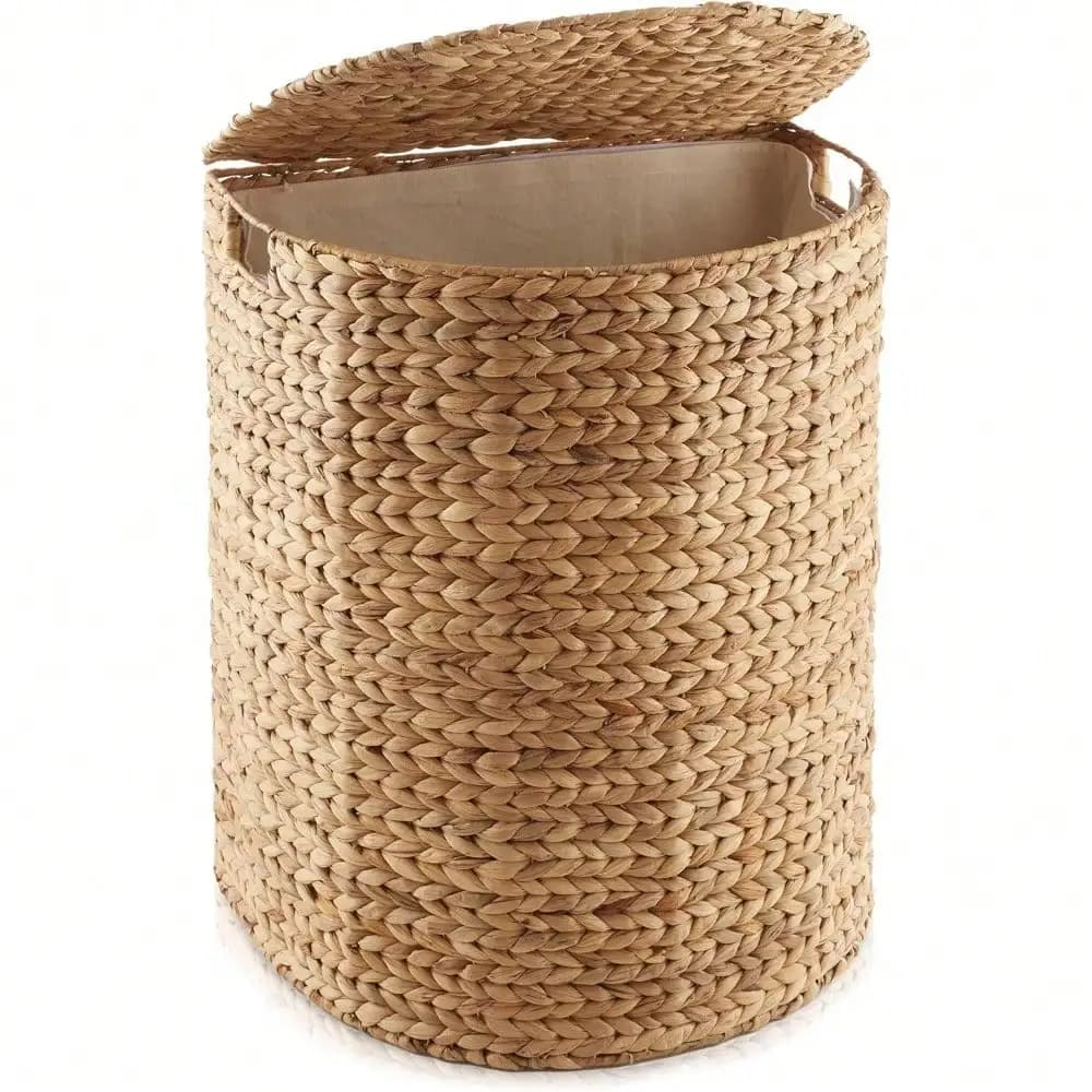 Cesto portabiancheria a mezzaluna con coperchio e sacchetto interno rimovibile - Cesto portabiancheria in giacinto d'acqua naturale intrecciato per vestiti e asciugamani