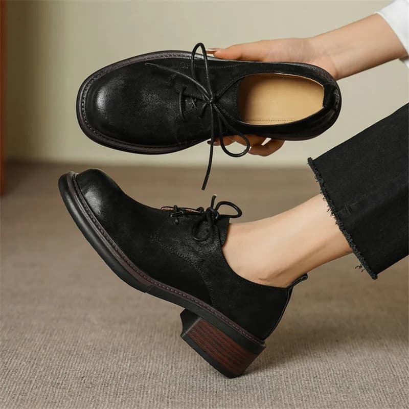 New Spring Autumn Genuine Leather Women Shoes Fashion Retro Round Toe Shoes for Women Deep Mouth Thick Heel Lace Up Women Pumps