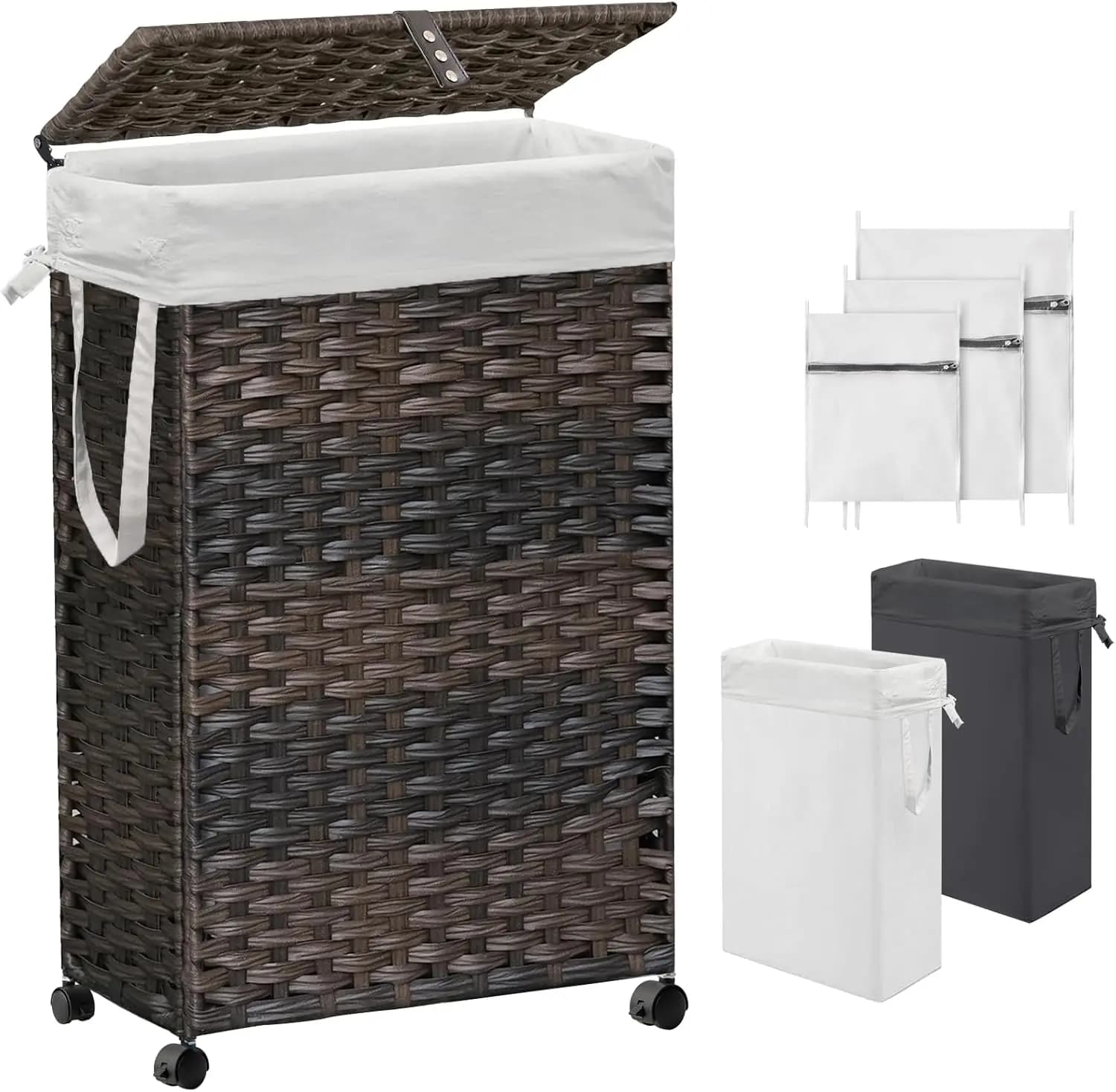 70L Upholstery Basket with Cover, Wheels, Removable Bags and Net Bags, Rattan Folding Basket for Straight Spaces