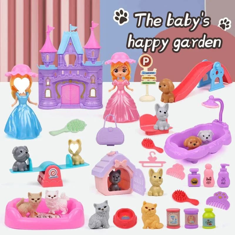 Set di bambole per cani Cuccioli Giochi di finzione Giocattoli per bambini Accessori per case da gioco Giochi di scena per case per animali Giocattoli per bambini Cestino per animali domestici per cani sensoriali