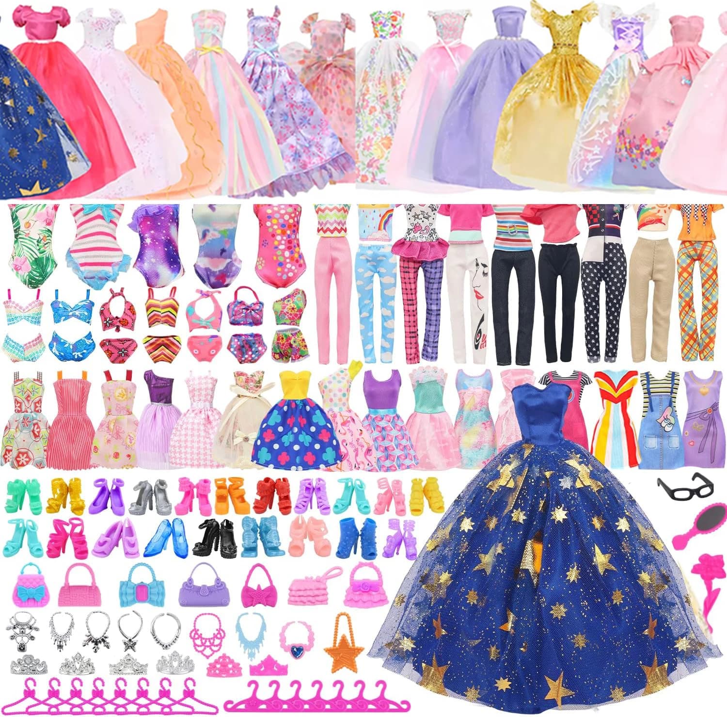 84 pezzi di accessori per vestiti per bambole = 5 abiti da sposa + 3 vestiti alla moda + 3 top e pantaloni + 3 costumi da bagno + 60 accessori per bambole da 11,5 pollici