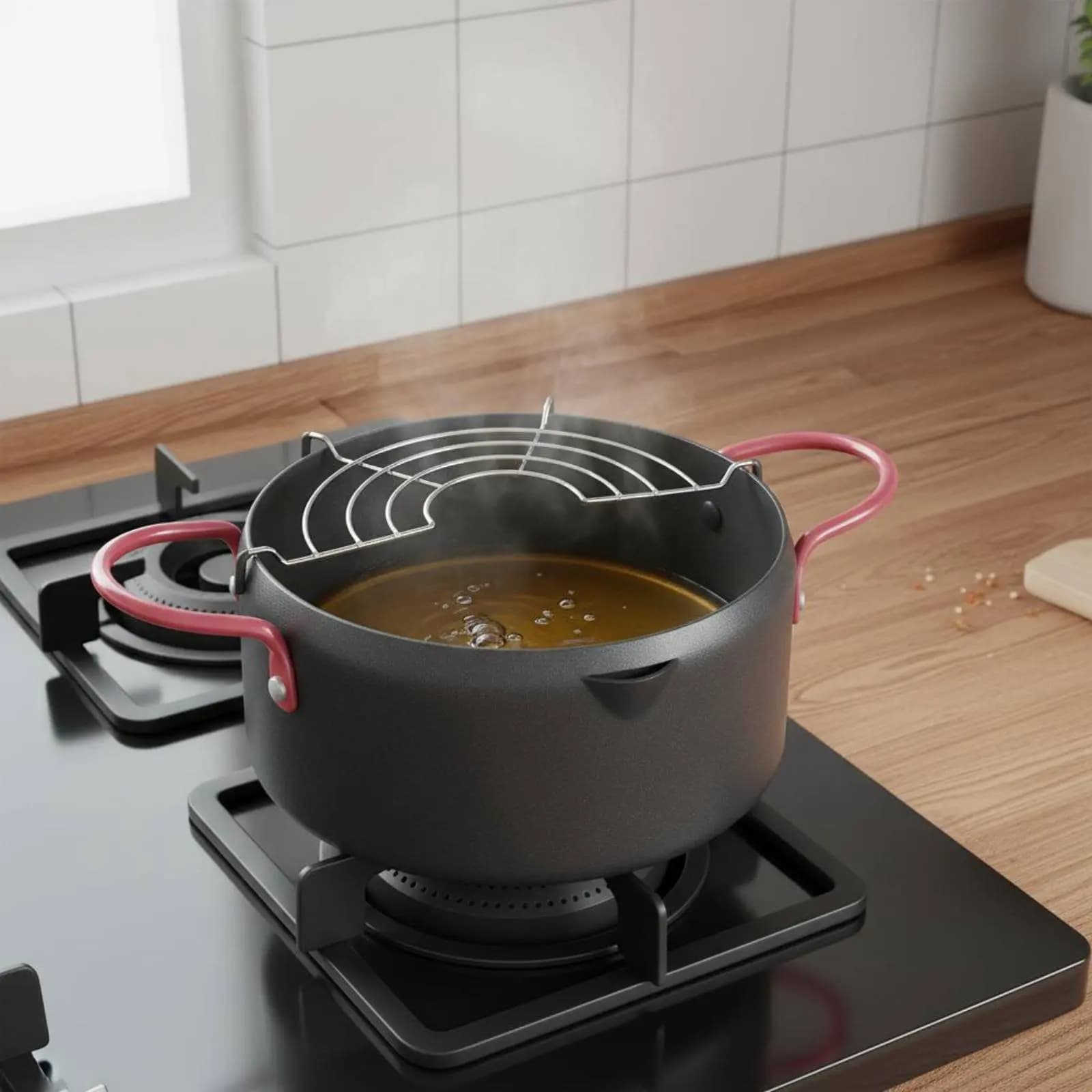 Pentola Giapponese per Frittura Impanata Compatibile con Gas e Induzione, Piccola Friggitrice Profonda con Scolapiatti, Facile da Pulire