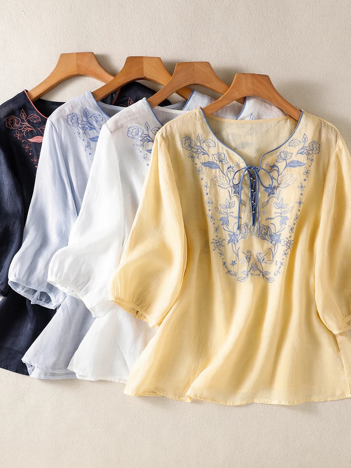 Chinese Style Heavy Embroidery Belted Casual Shirt Loose Fit Short Sleeve V-Neck Top for plus Size Women Retro Artistic Loose