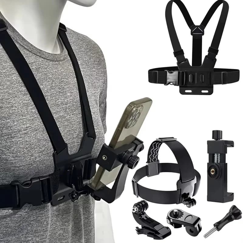 Kit for action camera all in one of 6 pieces, mobile phone head band, adjustable chest strap support for GoPro Hero DJI swivel phone support