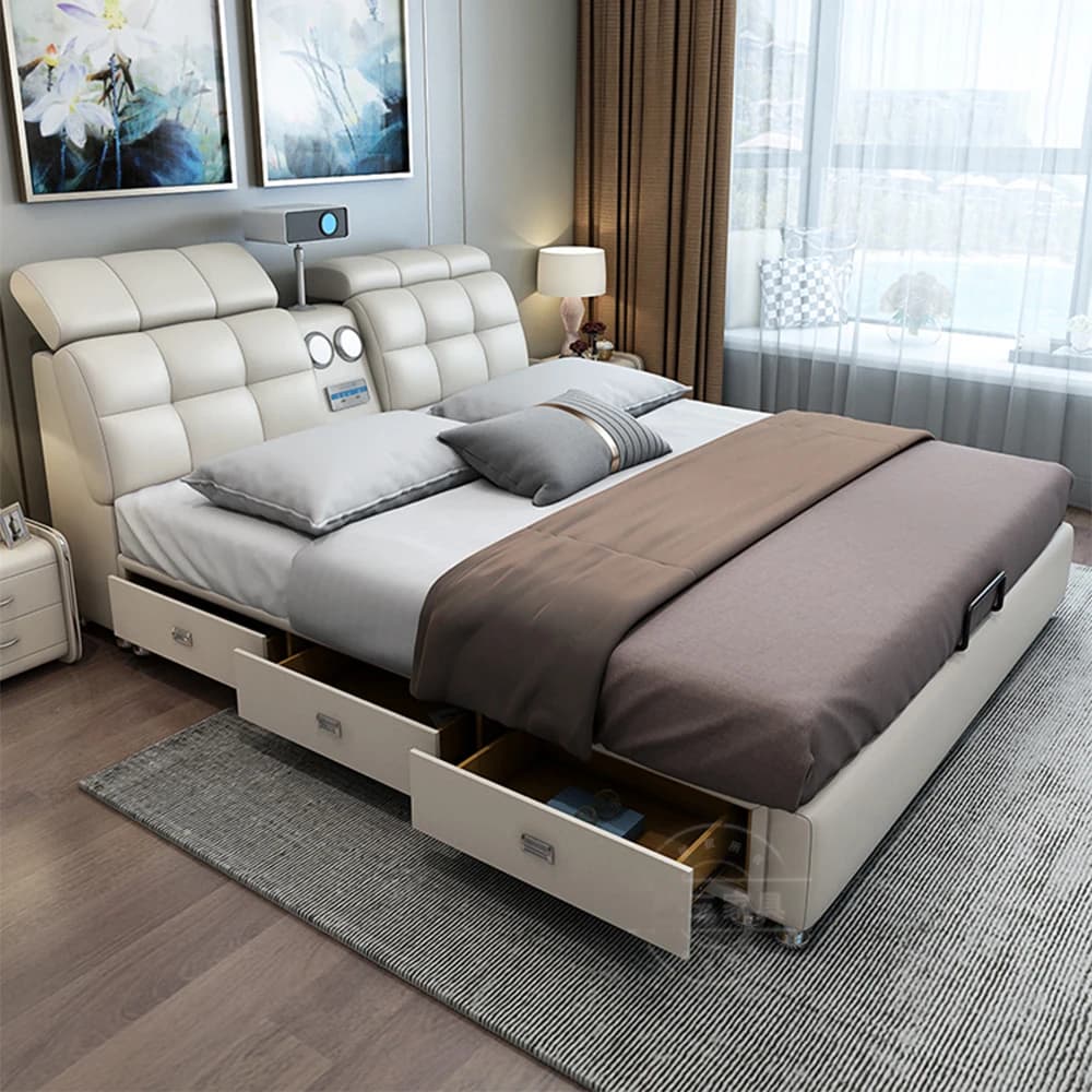 Linlamlim Ultimate Tech Smart Bed-cornice multifunzionale con altoparlante in vera pelle e Bluetooth, cassetti, proiettore, USB