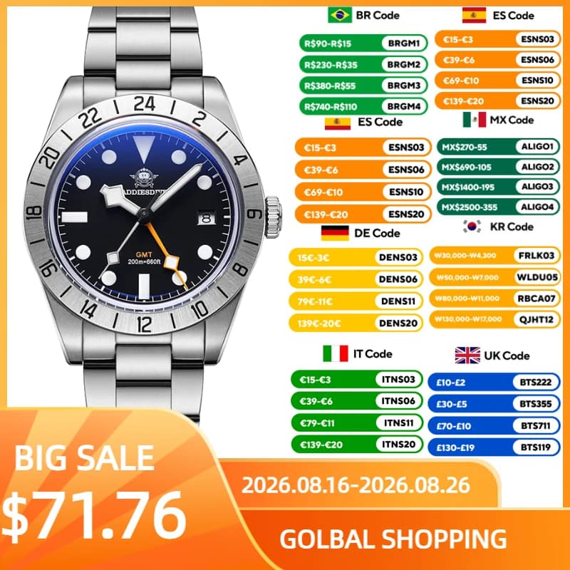 ADDIESDIVE Hot Sale AD2035 GMT Luminous Stainless Steel Quartz Watch 200M Dive Mens Watches Bubble Glass Polso watch Reloj Hombre