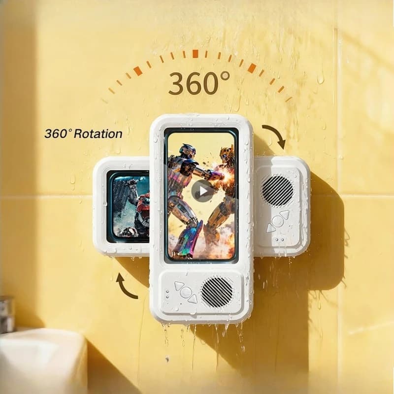 Custodia Impermeabile per Altoparlante Bluetooth con Supporto per Telefono 360 ° Supporto Girevole per Telefono da Bagno Antiappannamento con Audio e TV Integrati