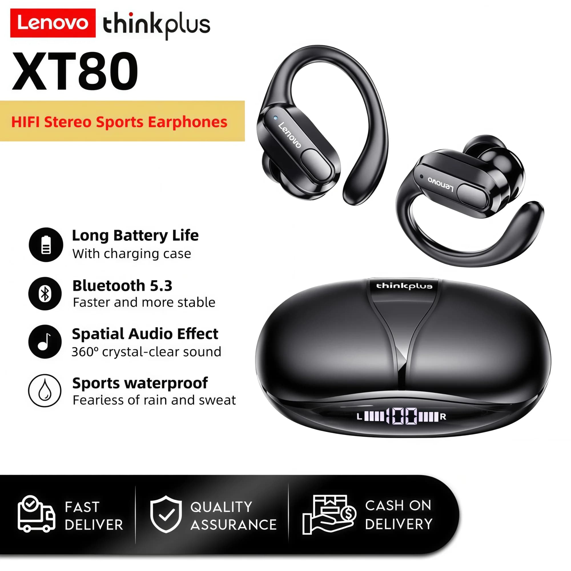 Lenovo XT80 Earphones With Mic Hifi Stereo Sound Bluetooth Wireless Sports Headsets LED Power Display Waterproof Cycling Earbuds