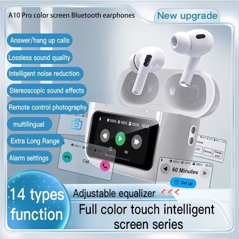 Nuove Cuffie Wireless A10Pro ANC Bluetooth 5.3 con App, Cancellazione del Rumore, Impermeabili, per Sport e Gaming, con Schermo Touch
