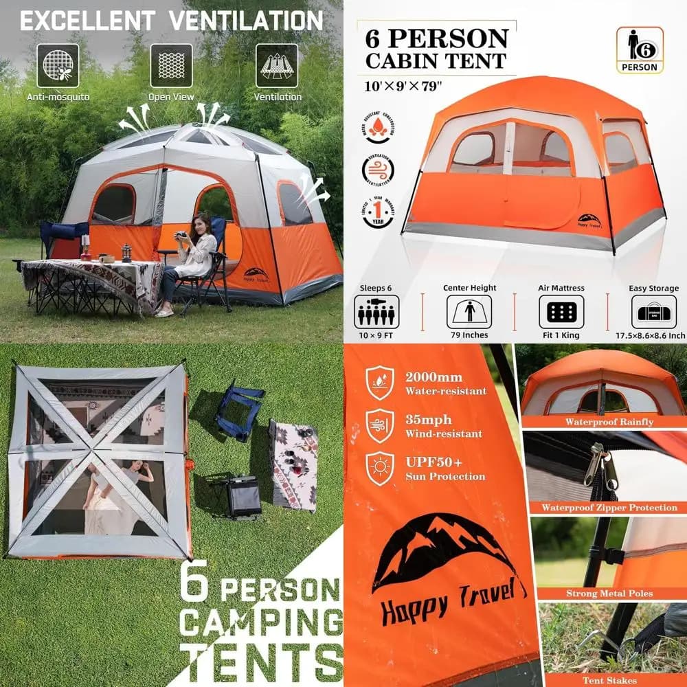 Tenda familiare impermeabile per 6 persone, tenda cabina di facile installazione con tettoia antipioggia, 5 finestre in rete e borsa per il trasporto per campeggio ed escursionismo