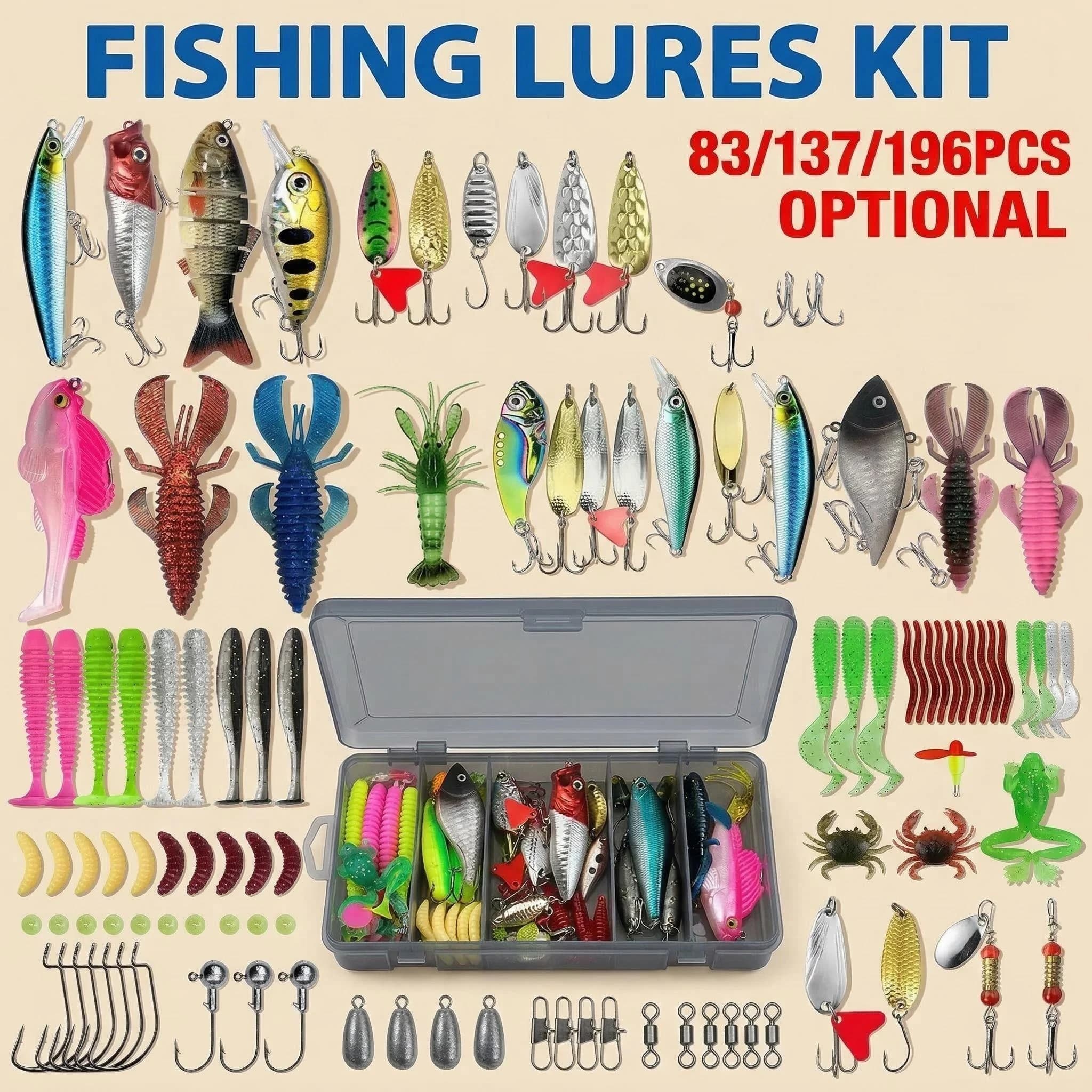 Kit of Fishing baits 83/137/193 Pieces for Trout, Luccio and Spigola, Multi-Esca Set with Soft baits, Metallic Cucchiaini, Minnow, Crankbait, Box Door Equipment