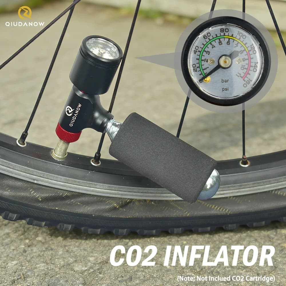 Pompa CO2 per Bicicletta, Mini Pompa Portatile Manuale con Manometro per Bici da Strada MTG, Compatibile con Valvole Schrader e Presta