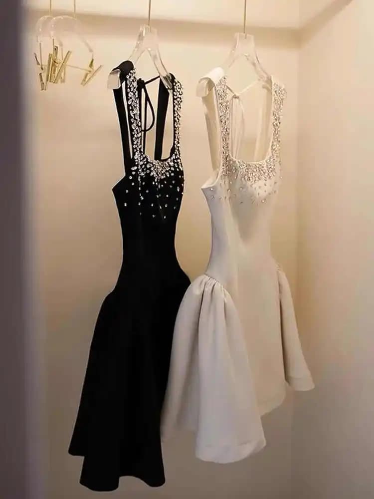 Elegant Short Ball Gown Birthday Dress for Women Luxury Diamond Embellished Small Fragrance Style High Waist A-Line Skirt