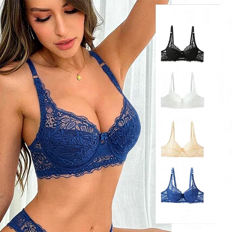 Women Floral Lace Bra Thin Cup Underwire Support Adjustable Strap Back Hook Elegant Ladies Everyday Lingerie Brassiere