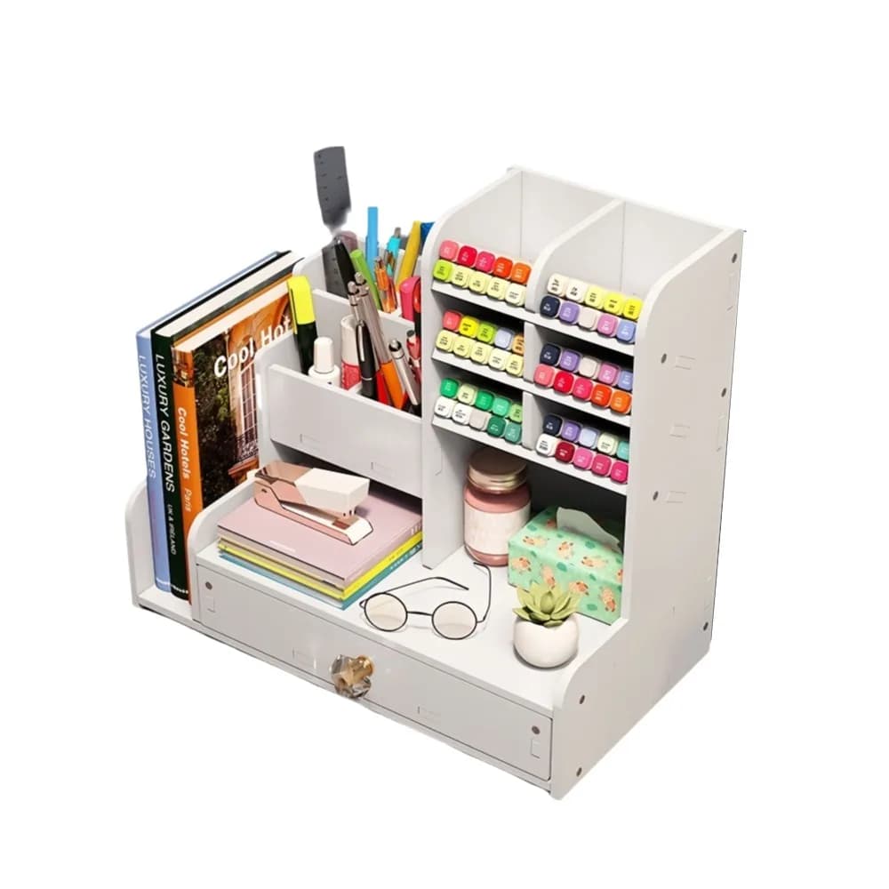 Portapenne da scrivania con cassetto, organizer da scrivania bianco multifunzione, salvaspazio, facile da installare, portaoggetti per cancelleria
