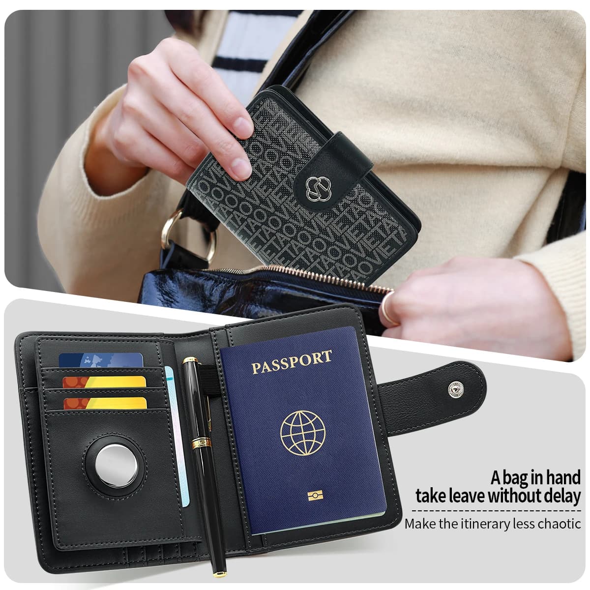 VIETAO Multifunction Travel Passport Wallet with pen holder and coin slot, PU leather passport wallet with letter print