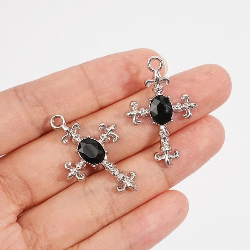 5Pcs Gothic Silver Ten Inlaid Oval Black Rhinestone Metal Cross Pendant Necklace Earrings Bracelet Jewelry Making Accessories