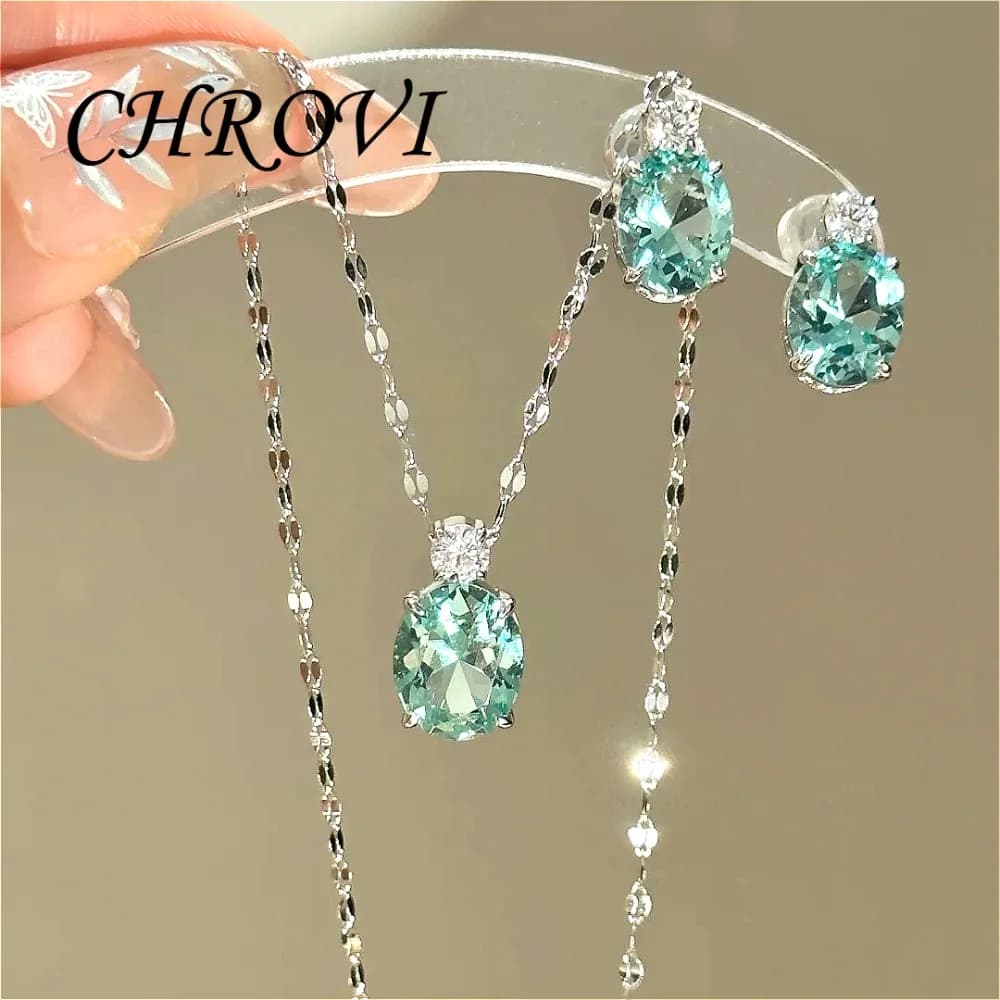 Romantic 925 Sterling Silver Atmosphere Pendant Necklace Luxury Fashion Earrings and Colored Gemstone Set for Women