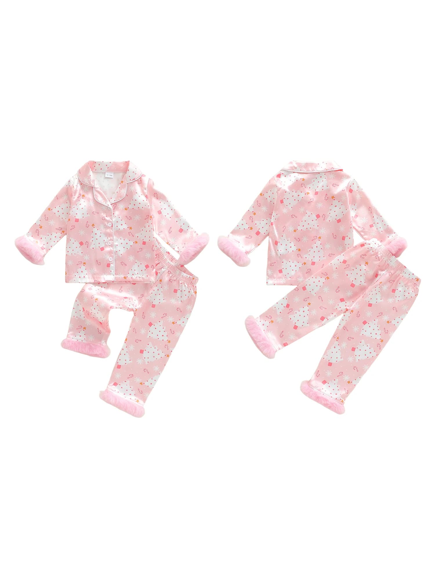 Pigiama invernale per bambina con stampa carina, finiture in pelliccia sintetica, bottoni sul retro, scollo a V, maniche lunghe, top e pantaloni per