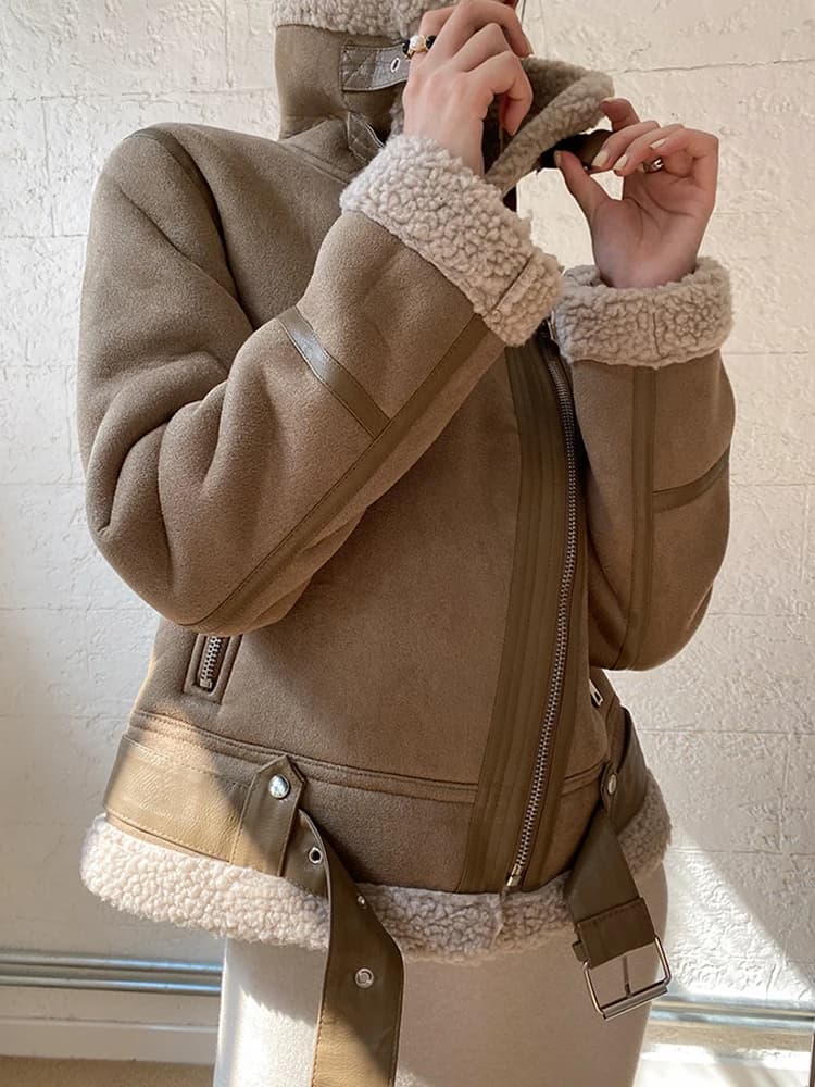 Ailegogo Streetwear donna Retro Slim Thick Warm Faux Suede Leather Fur Short Jacket Moto Biker femminile Zipper Belt Coat Outwear