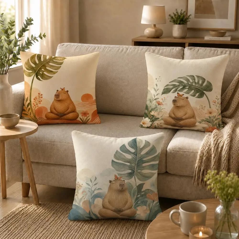 Meditating Capybara Cushion Cover Soft Short Plush Skin-Friendly Cushion Case for Multi-Scene Use