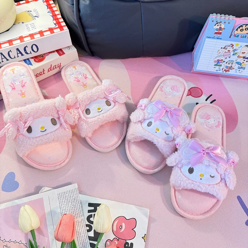 Cartoon My Melody Pantofole da donna My Sweet Piano Indoor Kawaii Pantofole da casa in peluche calde Ragazza Open-Toe Tacco piatto antiscivolo