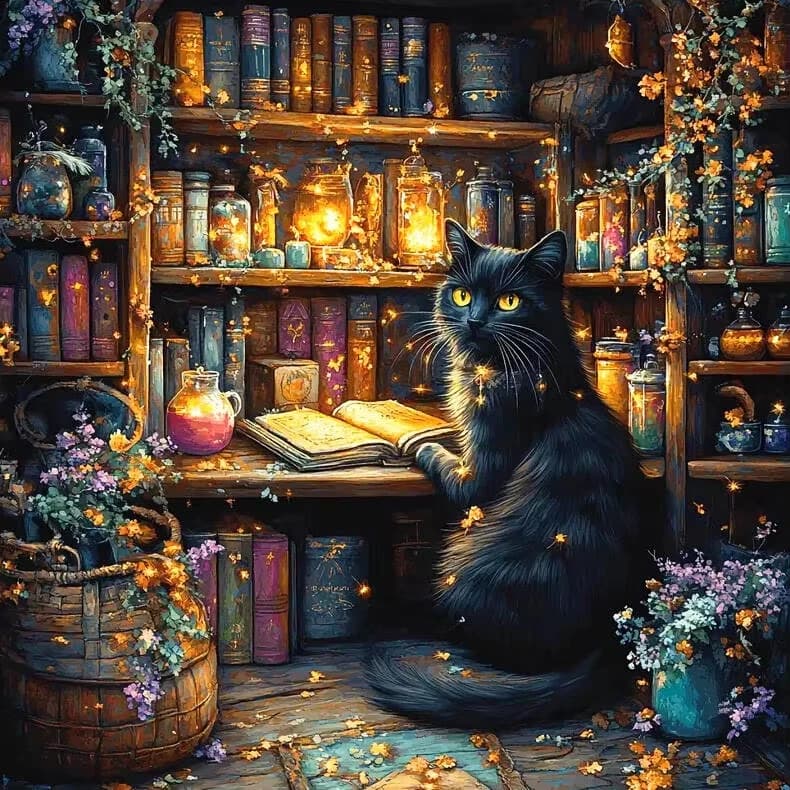 DIY Oil Painting By Numbers Kit Black Cat in Magic Study Paint By Numbers Diy Numbers Painting Art on Canvas By Numbers