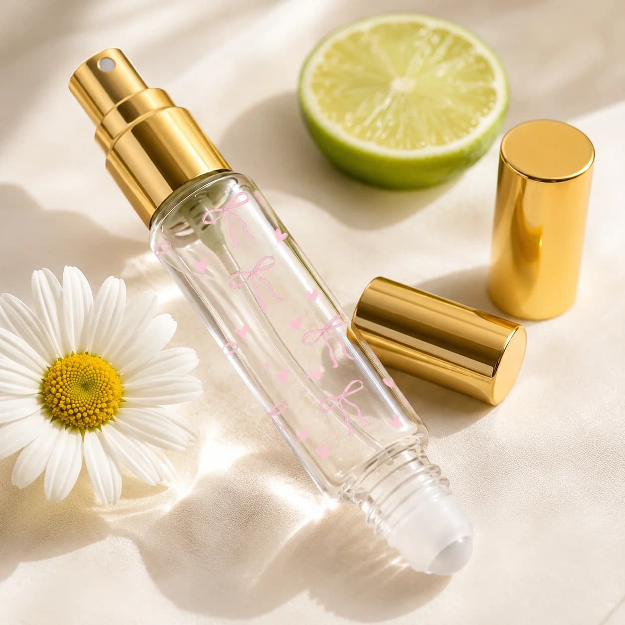 10ml Cute Bow Refillable Perfume Atomizer Bottle, Dual-Ended Spray & Roller Ball Glass Travel Scent Container for Women