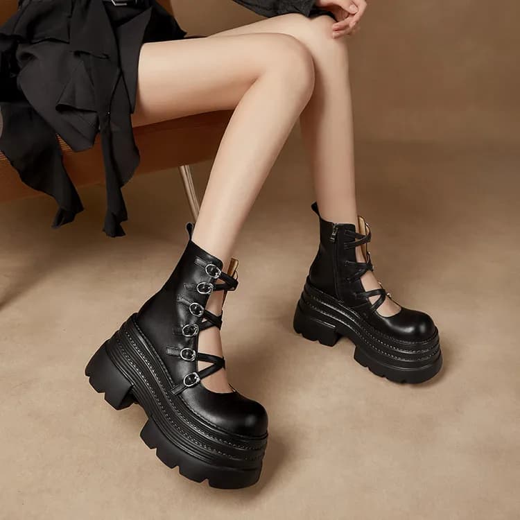 Genuine Leather Cowhide Women's Sandals，Platform Chunky Belt Buckle Summer Women Shoes