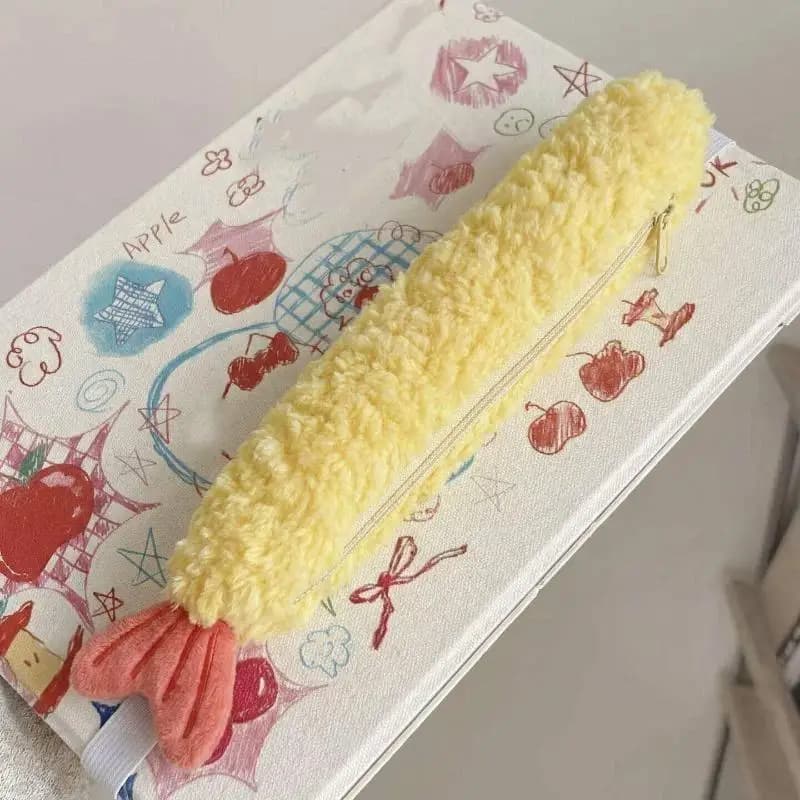 1Pcs Super Cute Fried Shrimp Tail Ribbon Pen Case, Single-layer Portable Stationery Organizer With INS Style Fleece, Student Sch