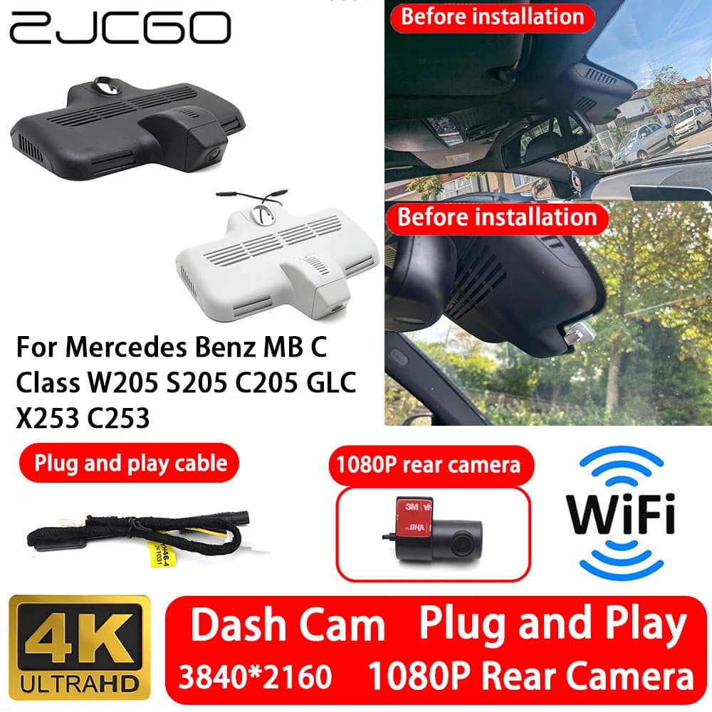 Front and rear camera 4K 2160P for Mercedes Benz MB Class C W205 S205 C205 GLC X253 C253, Dash Cam with Wi-Fi, Plug and Play, Video Recorder