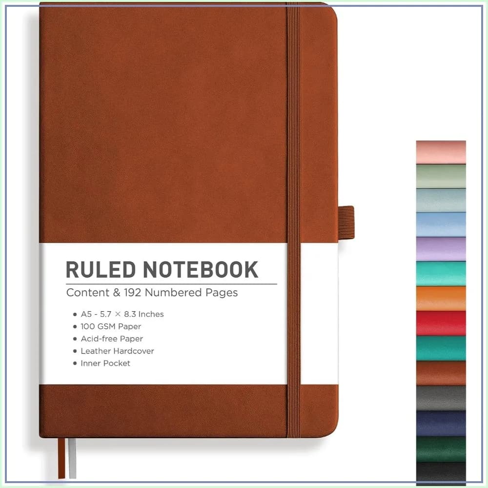 Lined Journal Notebook, 192 Numbered Pages, A5 (5.7x8.3"), 100GSM Thick Paper, Leather Hardcover, for Men & Women