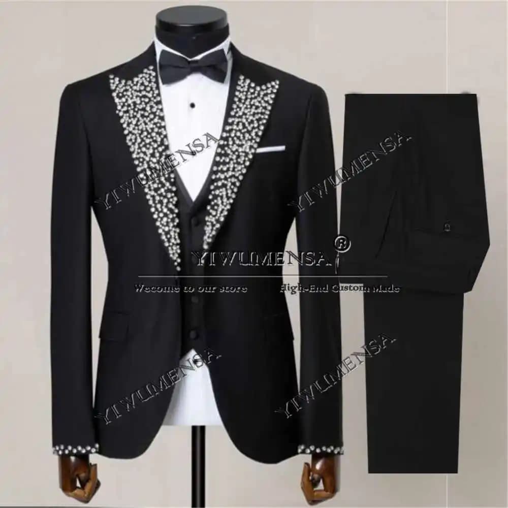 Pietre in rilievo Uomo Abiti da smoking monopetto Slim Fit 3 pezzi Set Abiti da sposa sposo Personalizzato traje de hombre elegante
