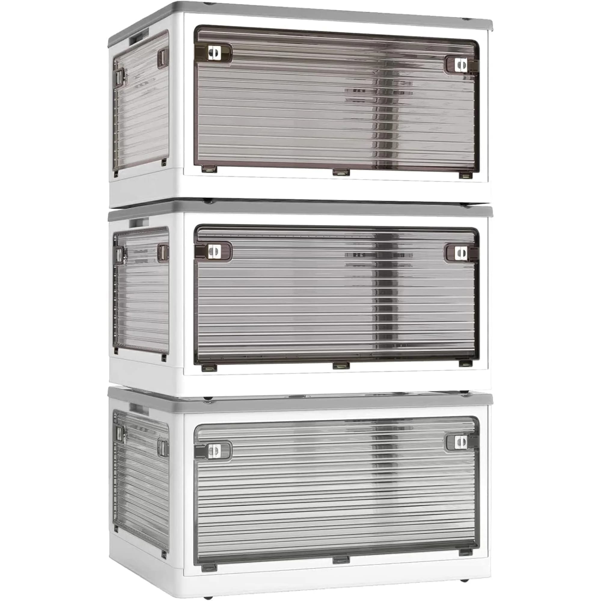 3-Pack Stackable Storage Bins, 50-Liter Collapsible Organizers with 3 Lids, Wheels, Foldable Collapsible Box for Outdoor Camping, White