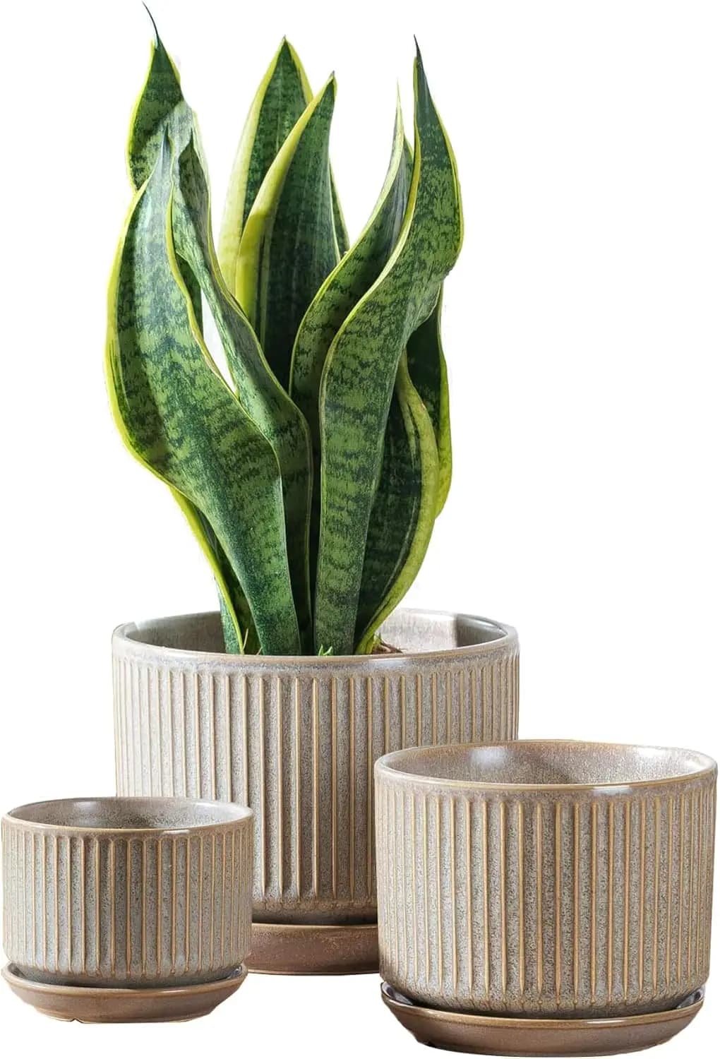Set di 3 Vasi in Ceramica Grigio Maculato con Foro di Drenaggio, Sottovaso e Supporti per Piante da Interno