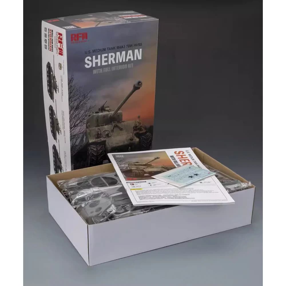 RyeField 5042 1/35 US M4A3 76W HVSS Sherman Medium Tank w/Movable Crawler & Full Interior Craft Plastic Assembly Model Kit