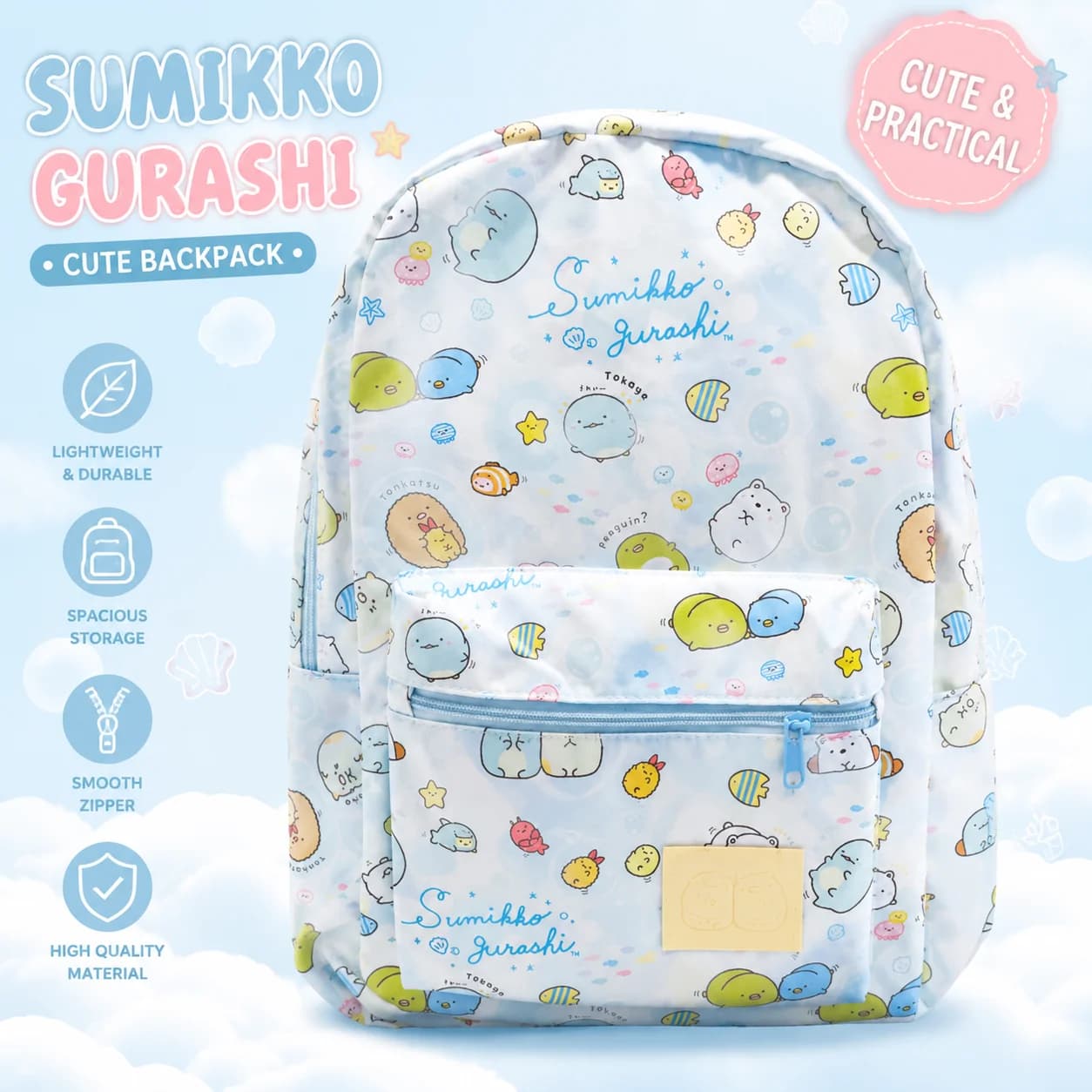 Zaino Kawaii Sumikko Gurashi Sea Friends, leggero e resistente all'acqua, borsa da scuola, simpatico zaino da giorno con pinguino Tokage per adolescenti