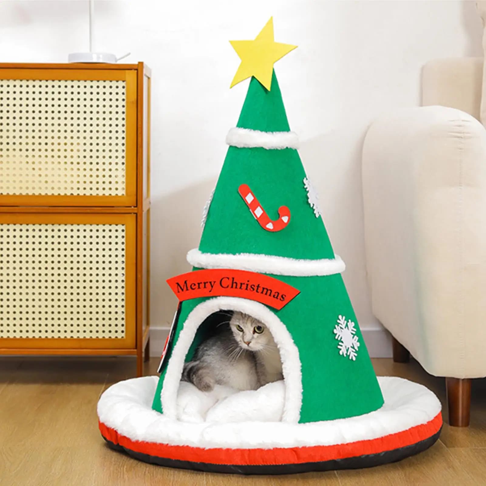 Letto per gatti coperto Albero di Natale Cuscino rimovibile Letto grande per grotta per gatti Casa per cuccioli per gattini Decorazioni per la casa per interni Camera da letto
