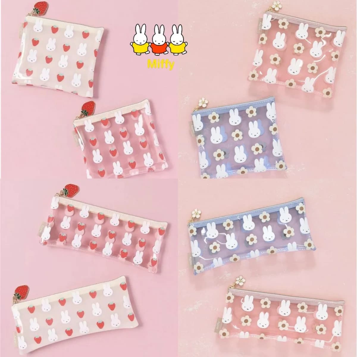 Kawaii Miffy Rabbit Makeup Storage Bag Cartoon Printed Strawberry Pvc Transparent Pen Case Jelly Bag Pen Case Stationery Bag