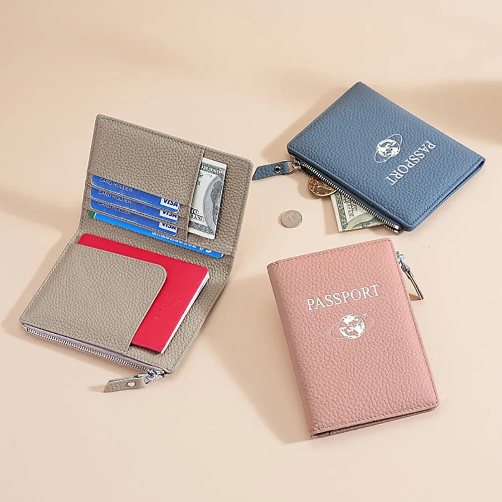 Genuine Leather RFID Blocking Wallet Passport Holder for Travel Slim Card Case Wallet Coin Purse with Zipper Pocket