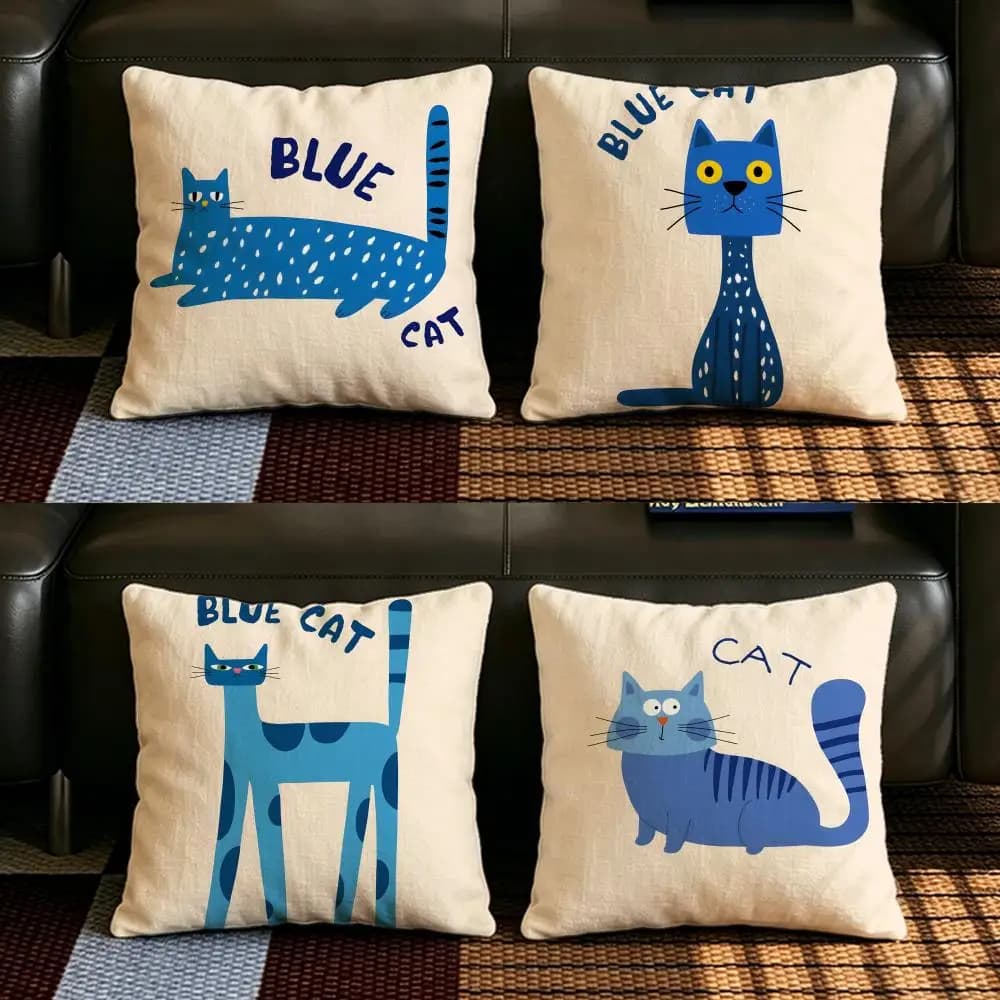 Set di fodere per cuscini in lino naturale con motivo B-Blue K-Kitten, decorazione completa per divano, camera da letto e sedia