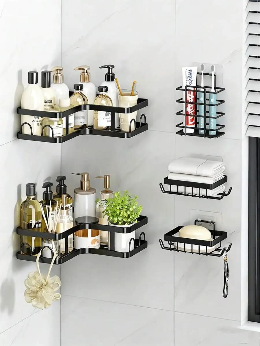 5pcs Bathroom Shelf Organizer Set, Wall Mounted & Countertop Storage Rack, Multifunctional No Drill Shelves For Toilet, Cosmetic