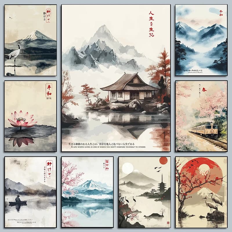 Poster vintage giapponesi Gru Monte Fuji Stampe Lago Pesca Fiore di loto Pittura su tela Immagini murali Casa Soggiorno dicembre