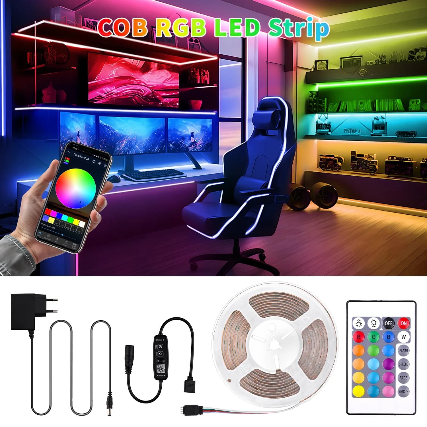 Striscia LED RGB COB con controllo APP, cambio colore, sincronizzazione musicale, nastro LED 576 LED/m, nastro flessibile per decorazione d'interni, retroilluminazione TV