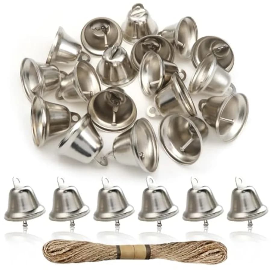 TOAOB 20pcs Craft Bells Silver Vintage Jingle Bells Tiny 1.7x1.5 inch with 1 Roll Hemp Rope for Hanging Wind Chime Making Dog T