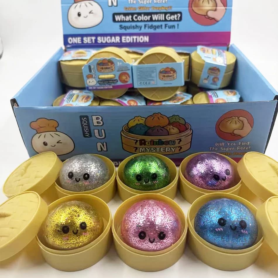 Glitter Dumpling Squishy Set With Storage Box & Mini Steamer, Soft TPR Dough Squeeze Sensory Fidget Toy, Anxiety Stress Relief Decompression Vent Hand Play Gift For Kids Adults ADHD Autism Party Favors Wholesale Dropshipping