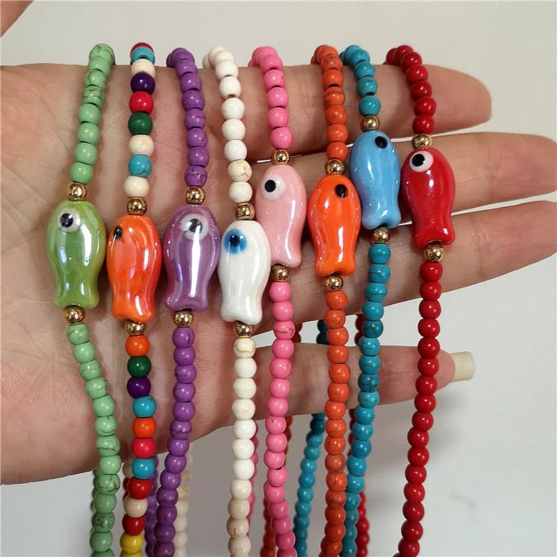 Trend Cute Colorful Ceramic Fish Beaded Choker Necklace For Women Summer Bohemian Beach Seaside Vacation Party Jewelry Gift