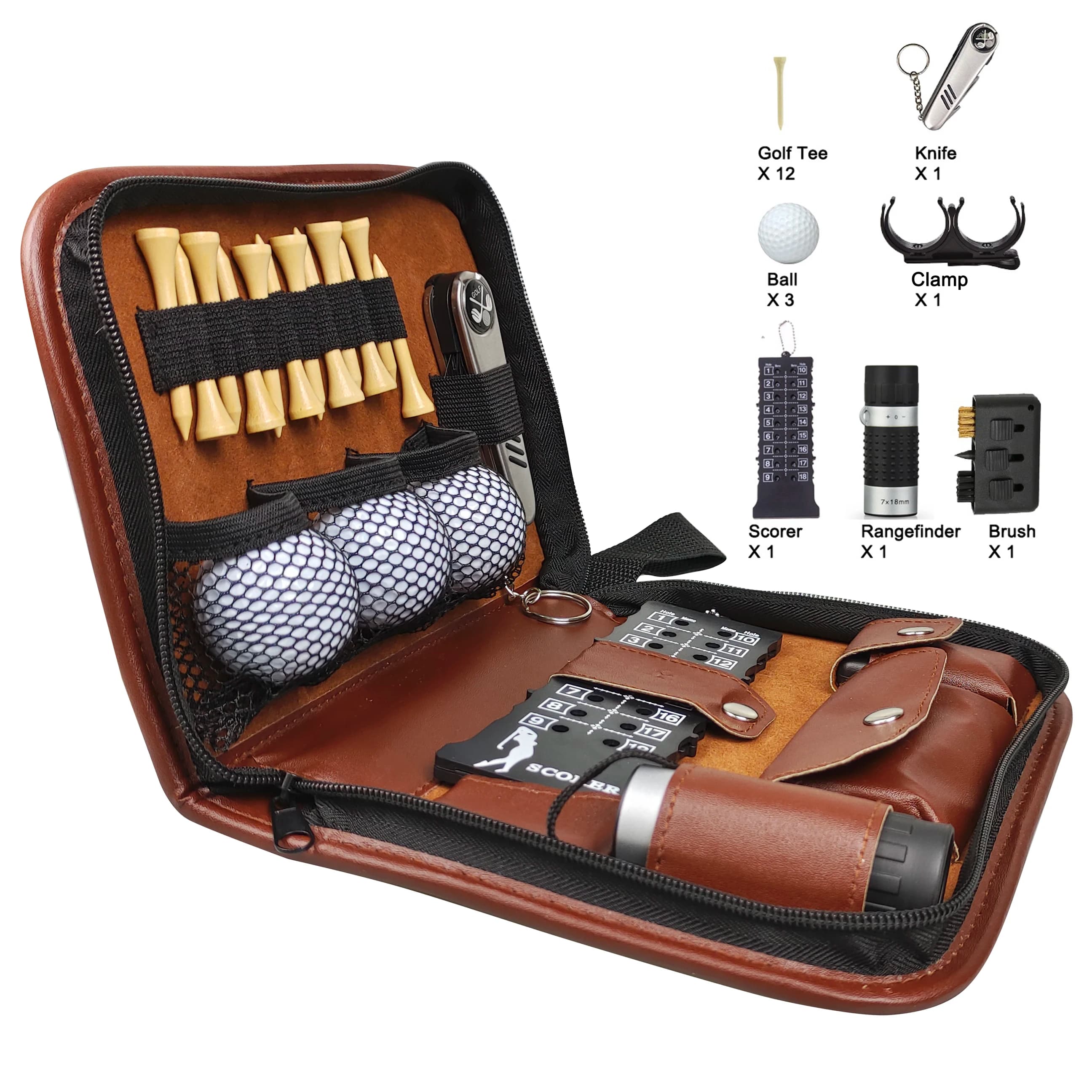 Kit da golf Borsa per il trasporto degli attrezzi Multifunzione Pu Accessori da golf Set di borse Strumento Telemetro Coltello Spazzola Palla Clip Tee Punteggio