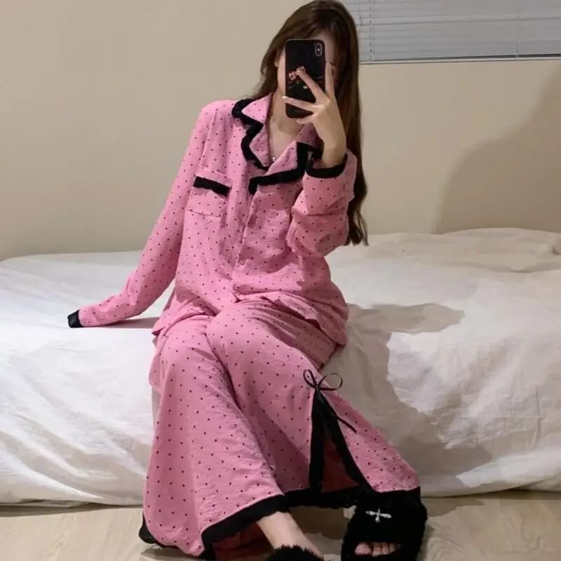 Nuovo dolce pizzo a pois e design in pizzo di nicchia coreano abito da casa set pigiama stile ragazza indumenti da notte a maniche lunghe donna primavera autunno